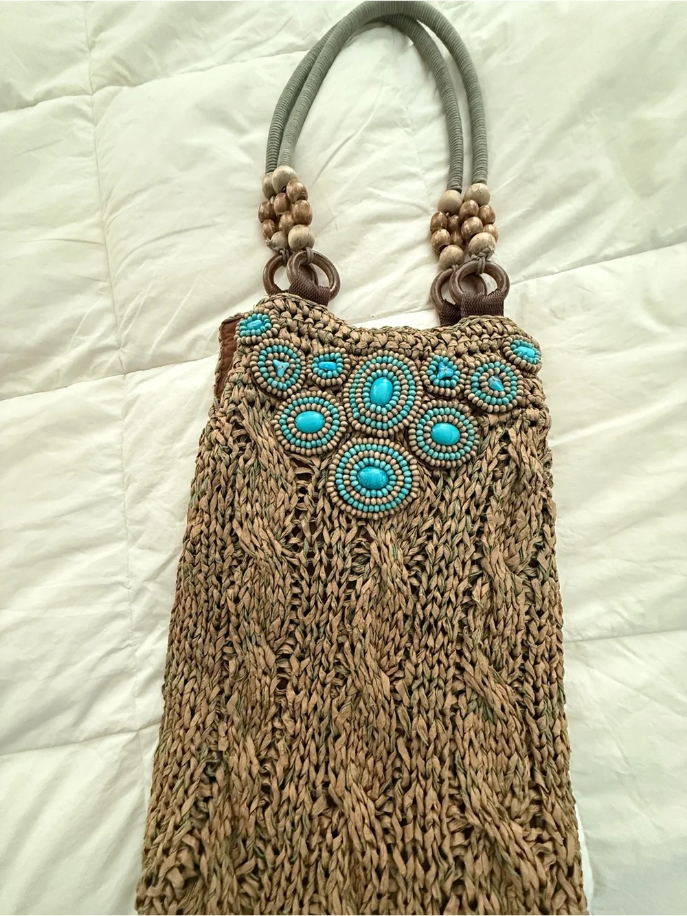 Chico's Brown Handwoven Satchel with Turquoise Bead Accents